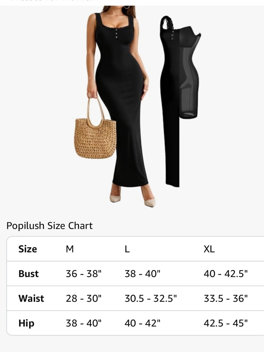 NWT Popilush Shapewear Tank Dress Summer Maxi Dress Built-in Bra Square Neck Med - Picture 5 of 8